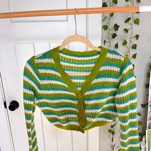 Green, Blue, & White Striped Crop Button Up Knit Top